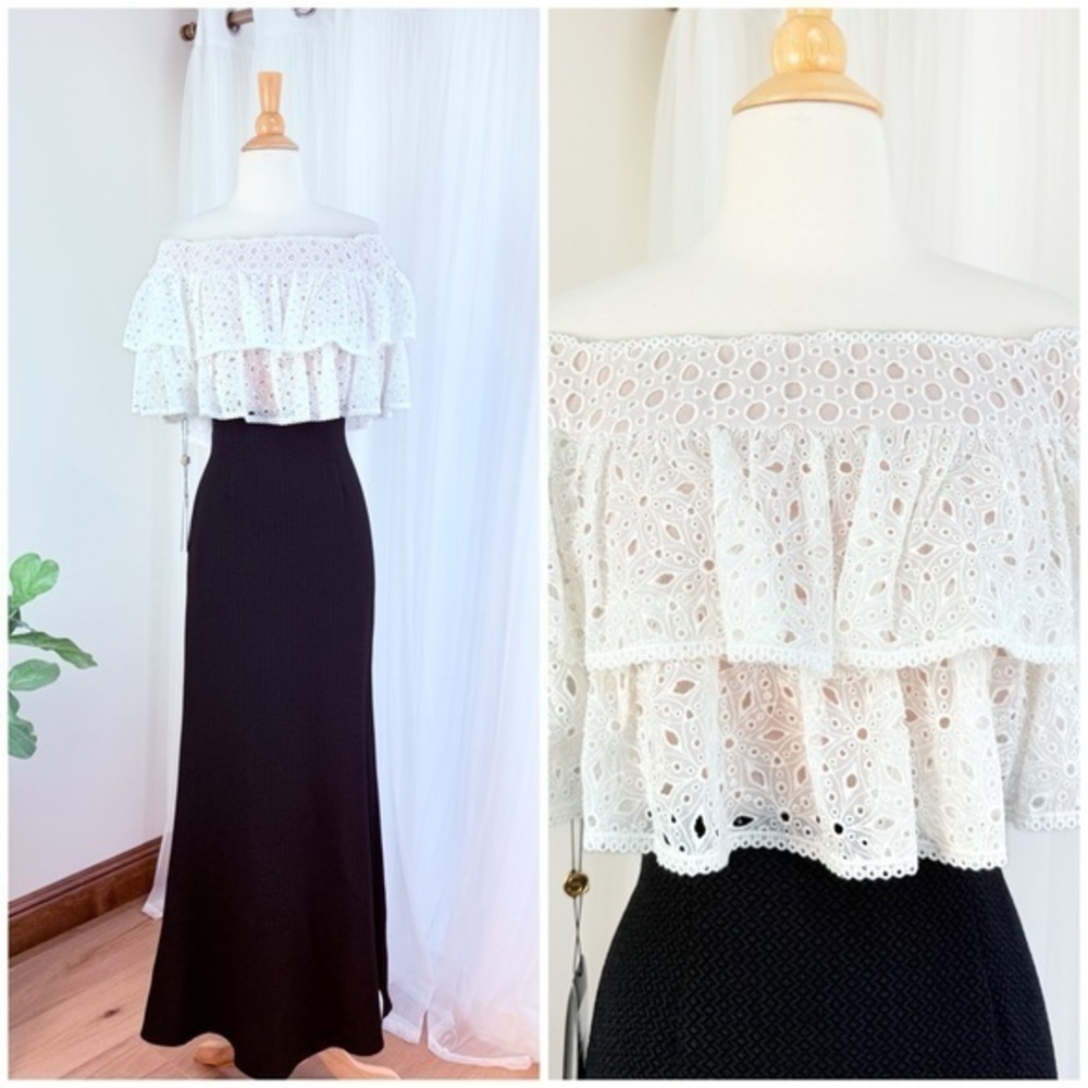 Tadashi Shoji Black and White eyelets Off-Shoulder Maxi Dress gown